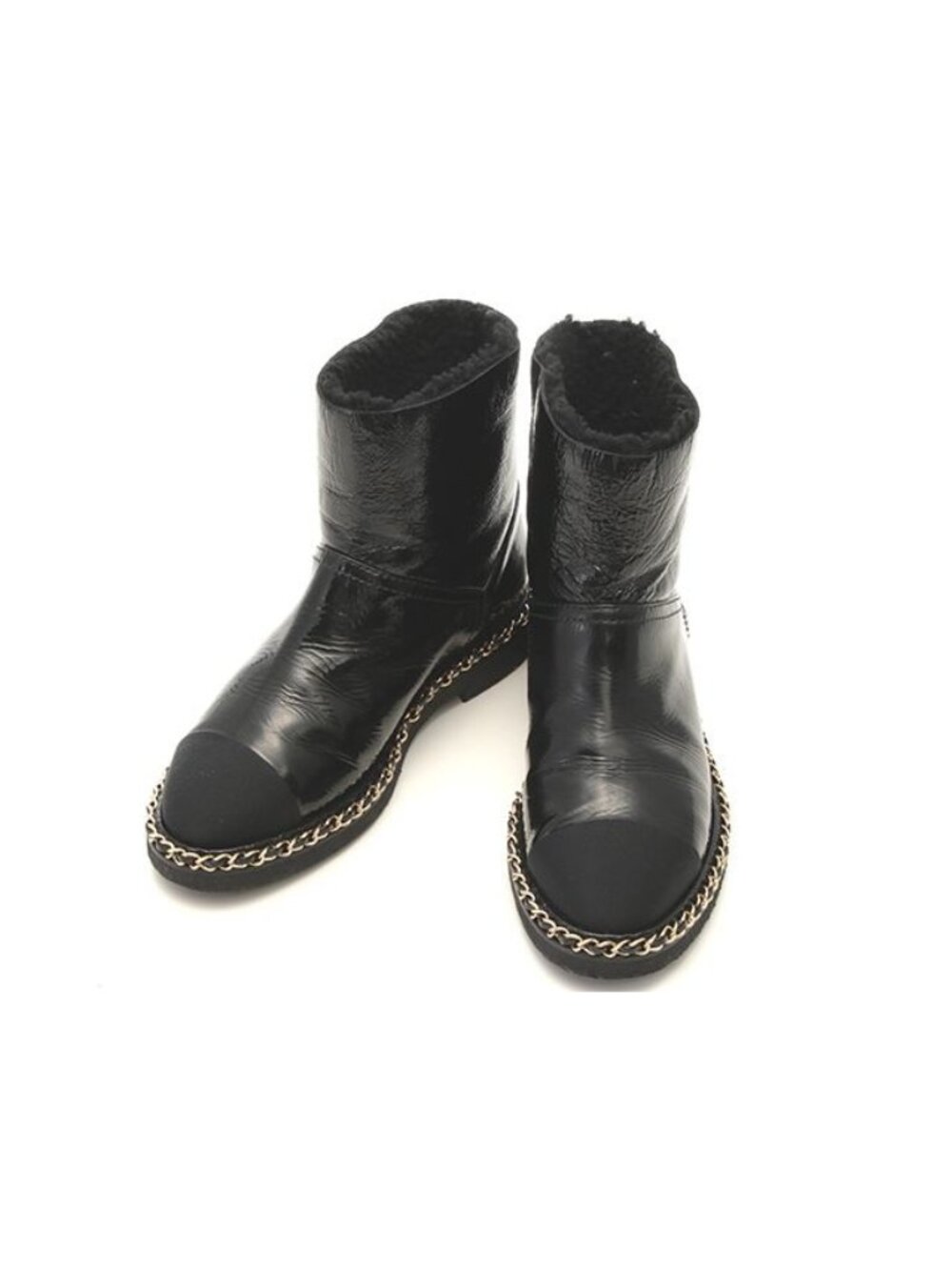 Chanel Short Boots 36c Black Patent Shearling